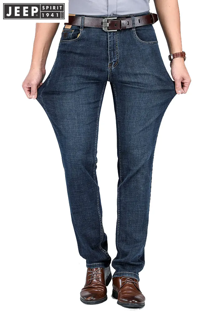 

2019 Summer JEEP Brand Cotton Casual Jean Retro Elastic Mens Casual Full Length Mid Waist Straight Jeans Pants Fashion Trousers