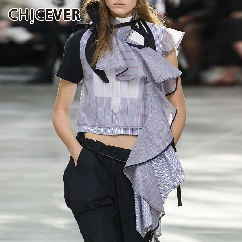 

CHICEVER Summer Casual Striped Patchwork Ruffles Off Shoulder Women's Blouse Stand Collar Short Sleeve Loose Asymmetrical Shirt