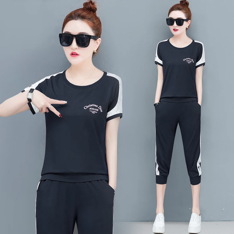 

Black Plus Size 2019 Summer Two Piece Outfits Tracksuits for Women Pants Suits and Top Sportswear Fitness Co-ord Set Clothes