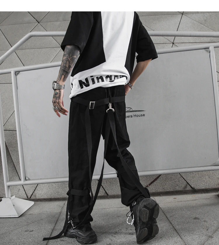 Высокие уличные боковые карманы мужские прямые брюки для бега Осень Хип Хоп Модные мужские ленты шаровары уличная вечерняя шоу