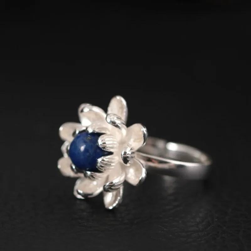 

925 Sterling Silver Rings for Women Lapis Lazuli Ring Gold Plated Lotus Pearl Rings Vintage Resizable Female Fine Jewelry