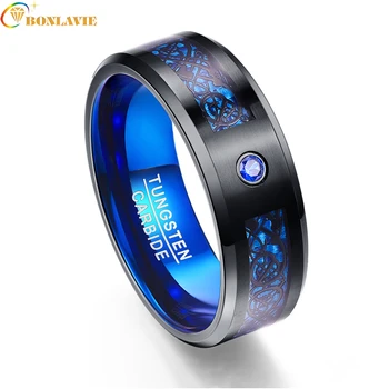 

2018 New Arrival Foreign Trade Carbon Fiber Blue Zircon Men Rings 100% Tungsten Carbide Anillos Para Hombres Black Dragon