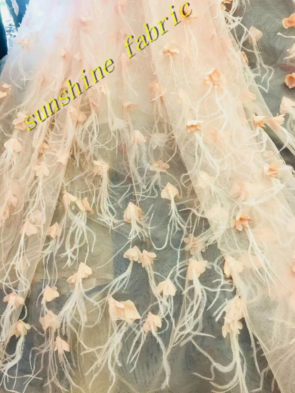 

high quality 3d flower with feather embroidered net tulle mesh lace fabric for wedding dress 5 yards