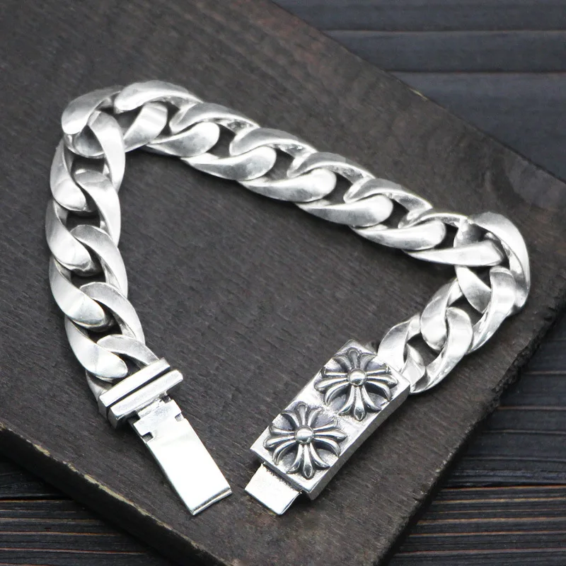 

S925 Sterling Silver Retro Thai Silver Safety Button Double Cross Male And Female Fashion Bracelets