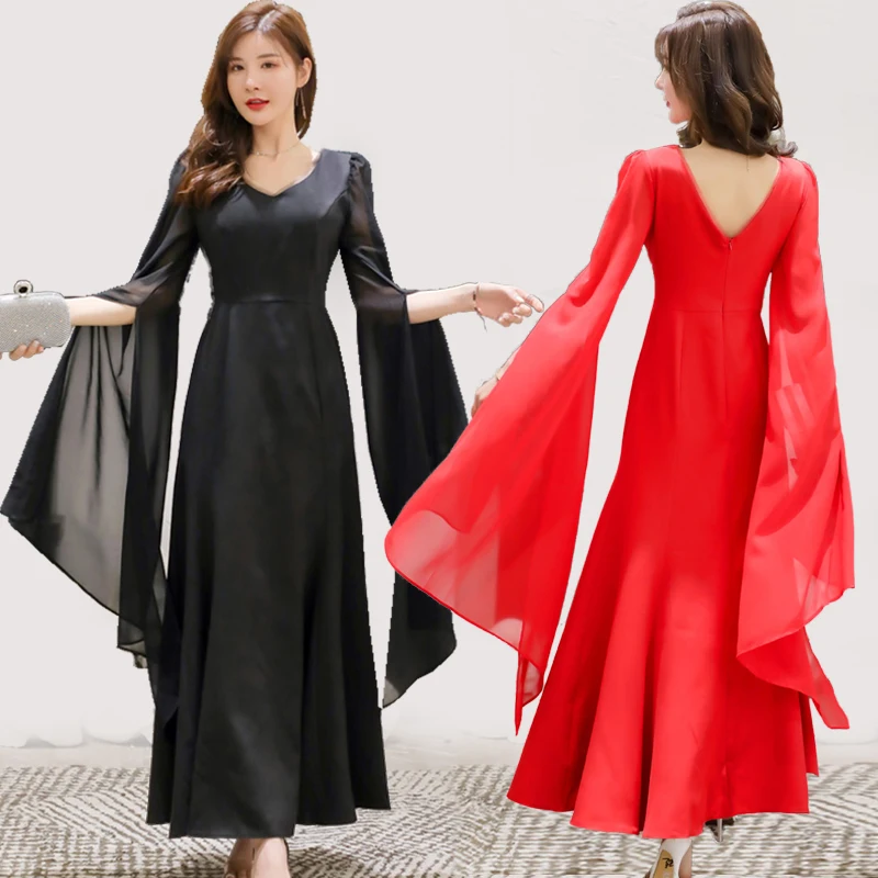 M- 4XL Vintage slit Long Sleeve Party Dress V-neck Maxi Floor Length Dinner For Birthday Banquet Fiesta J524 | Женская одежда