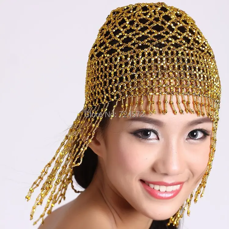 Belly dance hat elastic bead tassel cap dance hair accessory belly