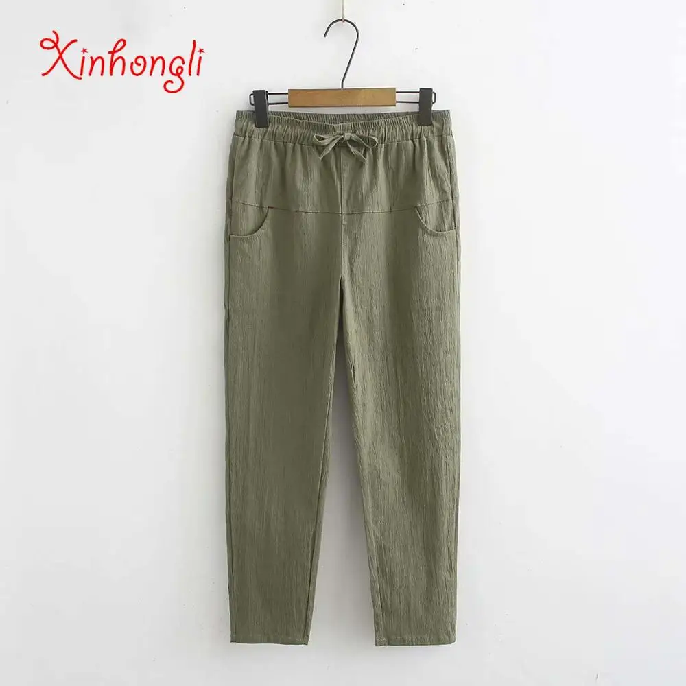 

Plus size cotton and linen Elastic women Ankle-Length Pants 2020 NEW spring autumn casual ladies pockets Pencil Pants female