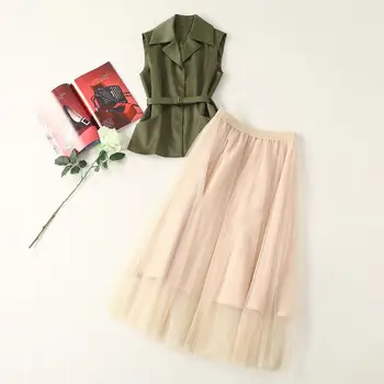 

European and American women's clothing 2019 summer new style Sleeveless green waistband vest Mesh skirt suit