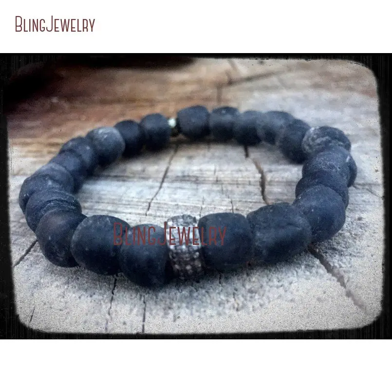 20180321-BM10798-Vintage Recycled African Trade Glass Tribal Paired With Genuine Pave Diamonds Sterling Silver Zen Yoga Boho Festival Stone Stack Bracelet