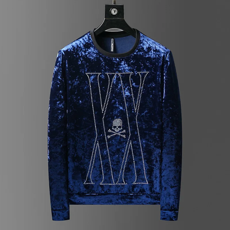 

Plus Size 2019 Mens Hoodies Skulls Rhinestones Slim Streetwear 100% Velvet Pullovers Hip Hop Long Sweatshirts Men Sweat Homme