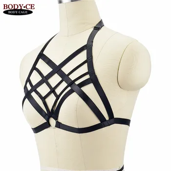 

Womens Body Harness Bondage Lingerie Black Elastic Strappy Tops Open Cage Chest Pastel Goth Fetish Exotic Club Party Dance Wear