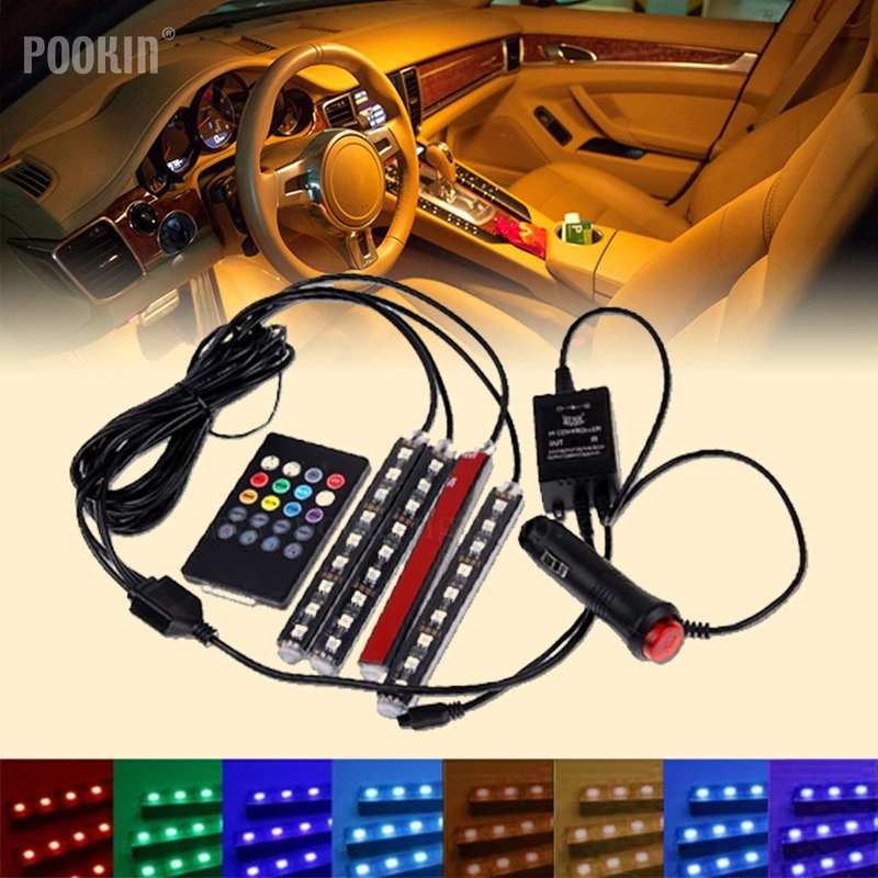 

4in1 9 LED Remote Control Car Interior RGB LED Strip Light Atmosphere Lamp Foot Decorative Multi Color Music Light Lamp