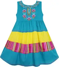 Sunny Fashion платья для девочек Цвет Блок В полоску Вышитый Цветок Синий