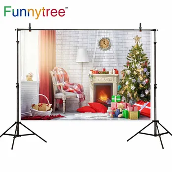 

Funnytree backdrop for photographic studio brick wall Christmas tree fireplace gift decoration room background photobooth prop