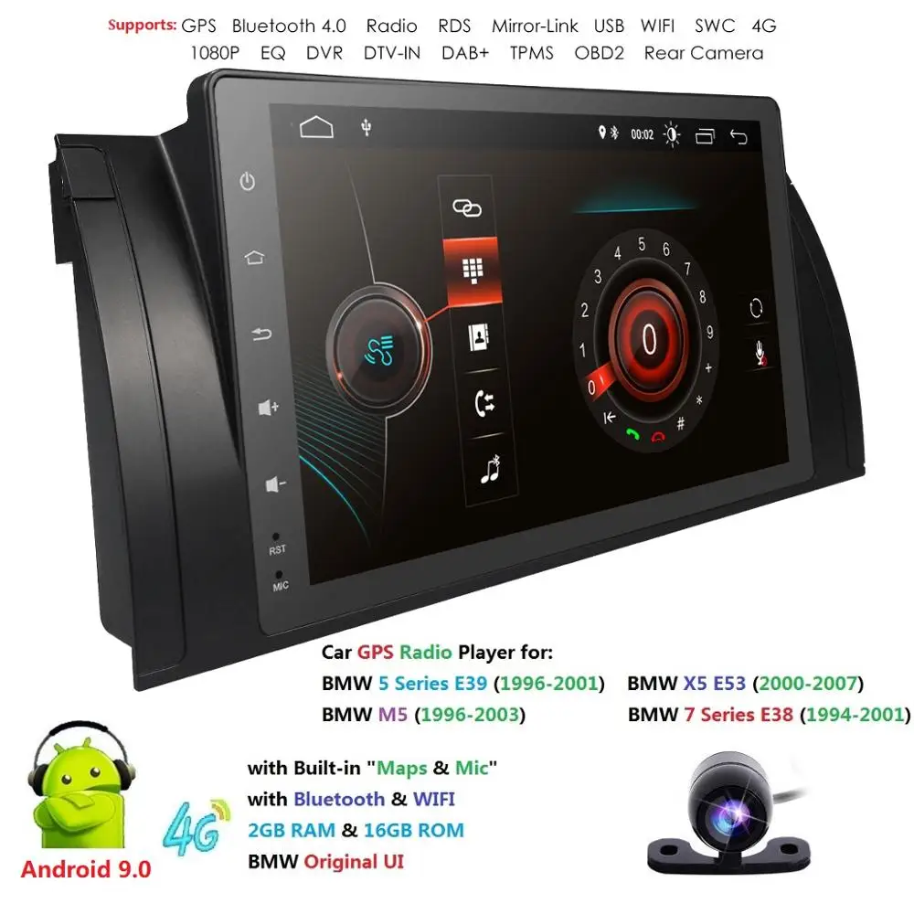 

Ossuret 9" 2+16 Android 9.0 Quad Core Radio Stereo For BMW 5 Series E39 /X5 E53/M5/ IPS Touch Screen WIFI BT DAB RDS SWC Camera