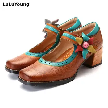 

Mary Janes Genuine Leather Cow Leather Square Toe Handmade Women Shoes With Flowers Designer Shoes Women Luxury 2019 Sexy Pumps