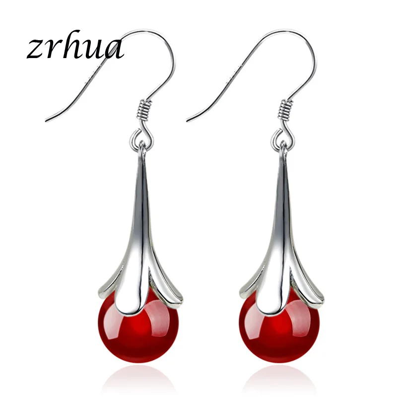 

ZRHUA New 925 Sterling Silver Drop Earring Women Jewelry Classic Red/Black Round Crystal Pendant Earrings for Women Party Gift