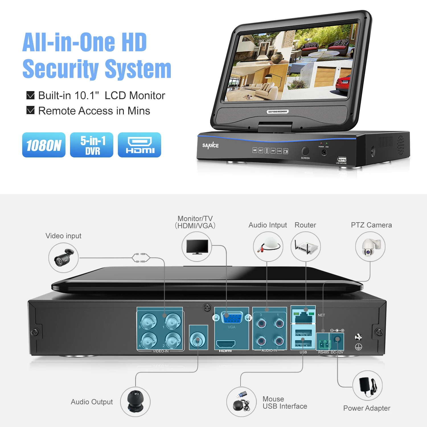  SANNCE 4CH CCTV System 10.1inch displayer 5in1 DVR 4PCS 720P Outdoor Camera Home Security System Su - 32338738237