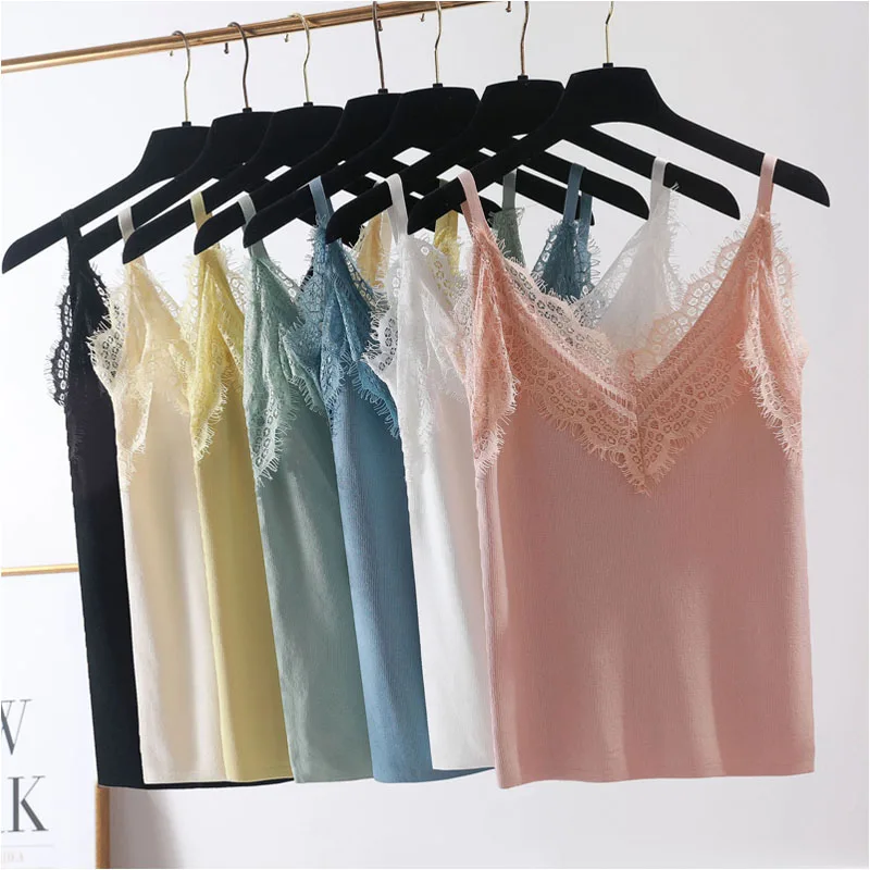 

2019 Sexy basic lace camisole Summer knit Tank top Women Adjustable strap camisole female camis High Elasticity top casual