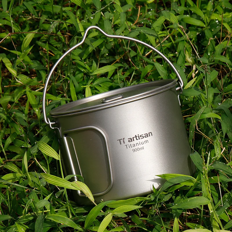 Tiartisan 900ml Pure Titanium Pot with bail handle Outdoor Camping Ultralight Picnic Cookware with Cover