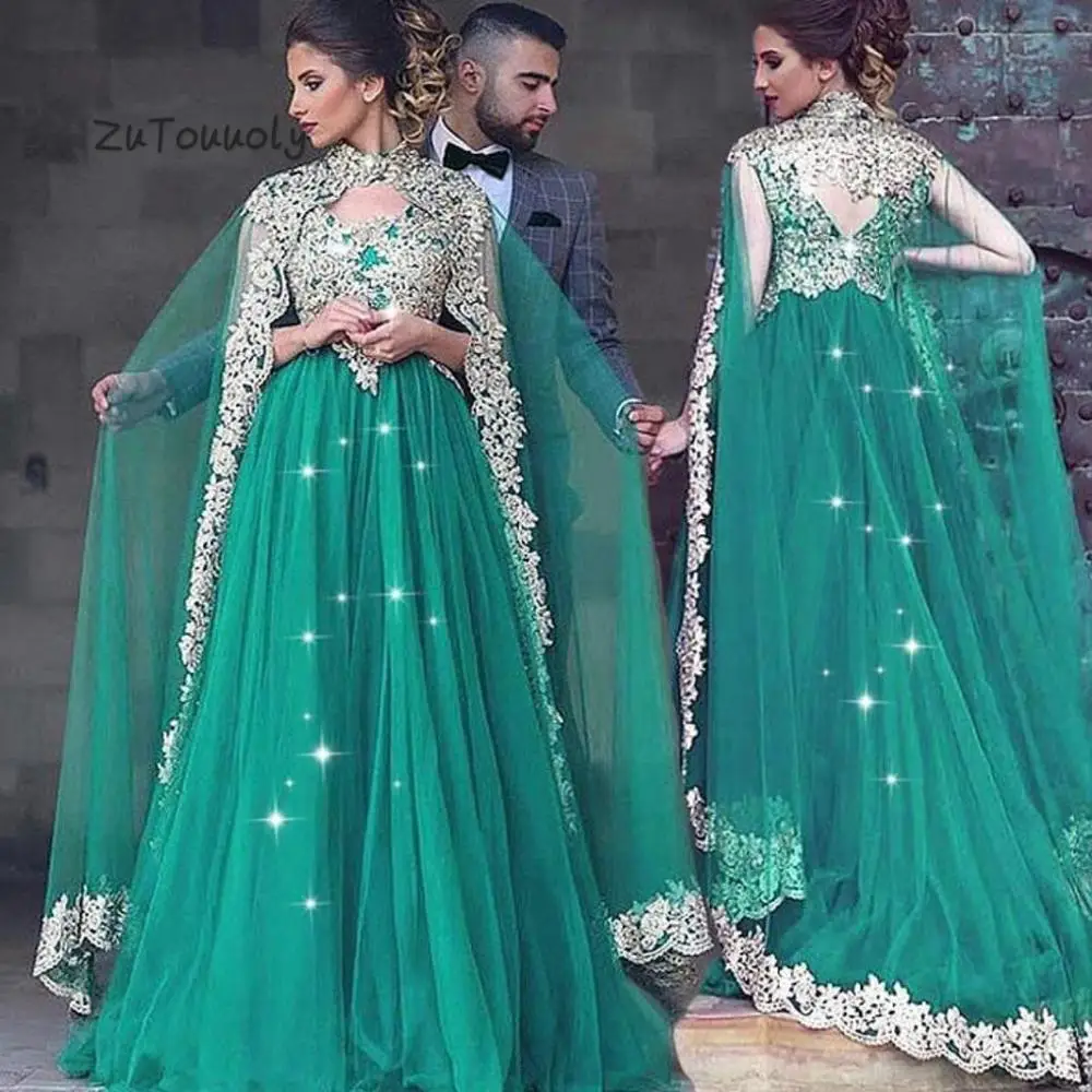 

Green Muslim Evening Dress Kaftan Dubai Arabic Evening Dresses With Caped Luxury Gold Appliques Middle East Formal Dress 2018