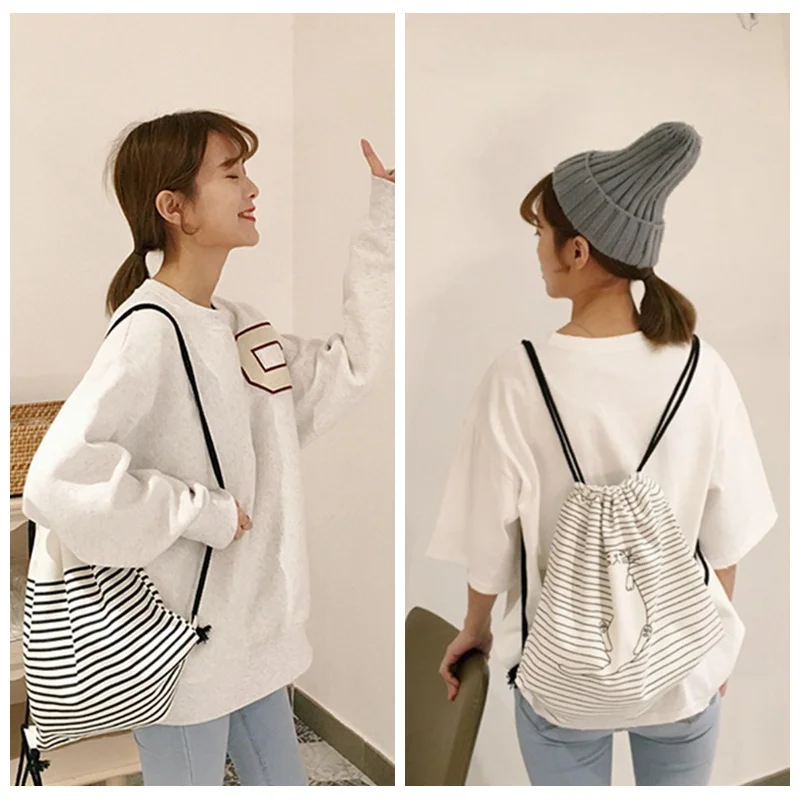 Drawstring Bags Women Stripe Canvas High Capacity Bucket Bag Backpack Shoulder Bag Fashion Casual Women Backpack 2018 New