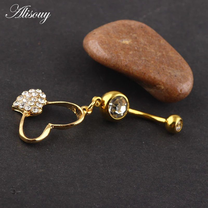 Love Heart Belly Button Rings Bar Gold Color Surgical Steel Navel Piercing Sexy Body Jewelry for Women CZ Navel Piercing rings