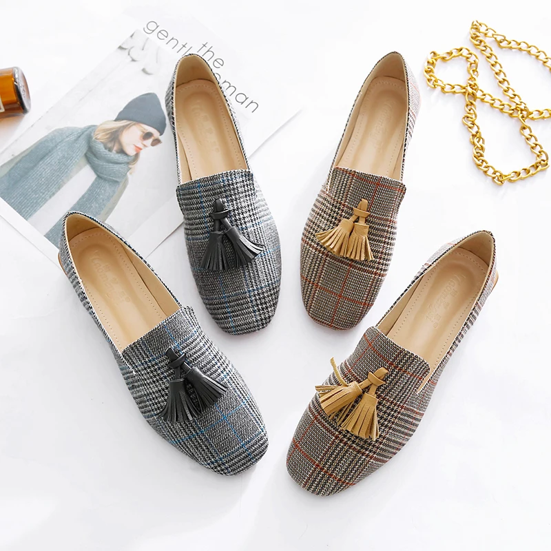 

Cremulen 2019 Spring Women Tassel Lattice Single Shoes Square Toe Med Heels Lazy Shoes Casual Loafers