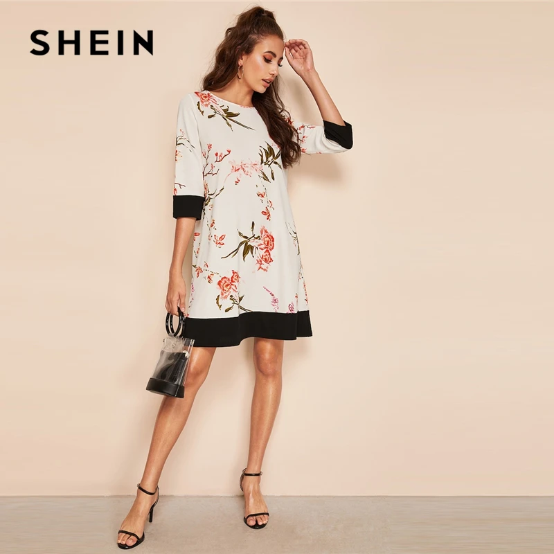 SHEIN بوهو الأبيض النباتية الأزهار طباعة اثنين من لهجة Colorblock مستقيم اللباس المرأة الصيف جولة الرقبة قصيرة الصلبة التحول فساتين