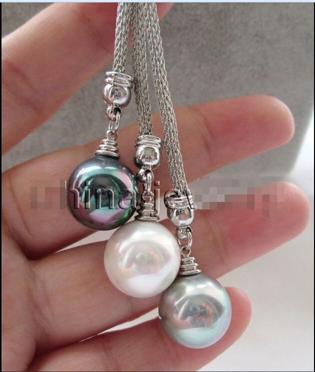 

>>>>>>eautiful 24" 3bead 14mm white black gray round sea shell pearl necklace