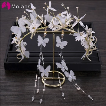 

MOLANS Korean New Butterfly Hairbands Bridal Headband Earrings Set Fabric Pearls Flower Headbands Bridesl Wedding accessories