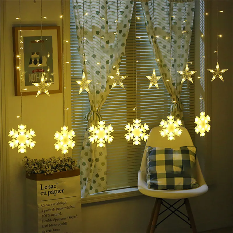 

led curtain light 138 Leds Star+Snowflakes Christmas decoration 8 Light Modes Home Foyer,Bedroom,Window,Party,Wedding