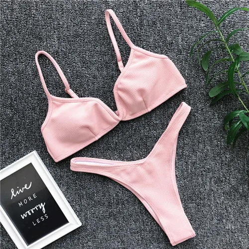 Pink 5 цветов ребристые стринги бикини женский купальник женский комплект бикини из двух частей с высокой талией купальный костюм - Цвет: Pink