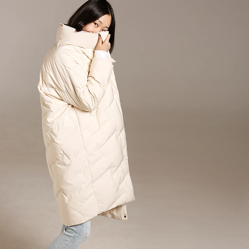 Y1803 Literary large size slim body show thickening warm standing collar long down jacket