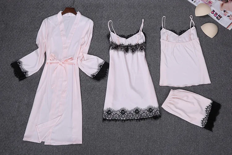 Fdfklak пижамы 2018 Лето одежда для сна 4 шт. пижамы Для женщин Pijama сексуальное женское белье Femme шелковые пижамы Домашняя одежда M-XXL Q1122