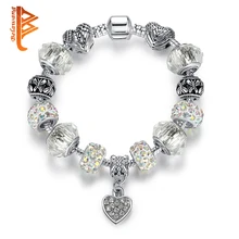 BELAWANG Antique Silver Beads Bracelet With Clear Murano Glass Crystal Heart Charm Fit Original Bracelets for
