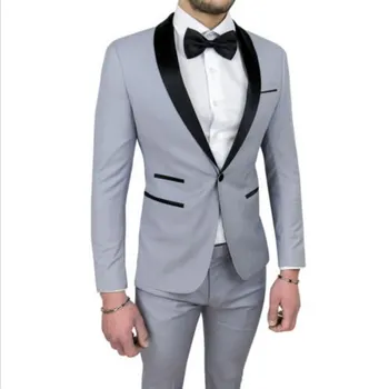 Cena Wysokiej Jakości Powrót Vent Jeden Przycisk światła Szary Groom Smokingi Szal Lapel Groomsmen Garnitury Męskie Blazers (kurtka + Spodnie + Krawat) W: 743