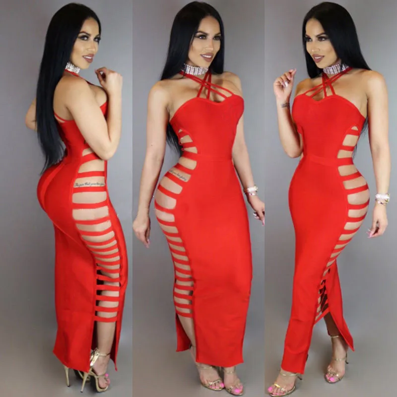 2019 أزياء المرأة الصيف مثير Bodycon الجانبية سبليت ضمادة أكمام عارية الذراعين فستان طويل مساء حزب Dressess جديد وصول