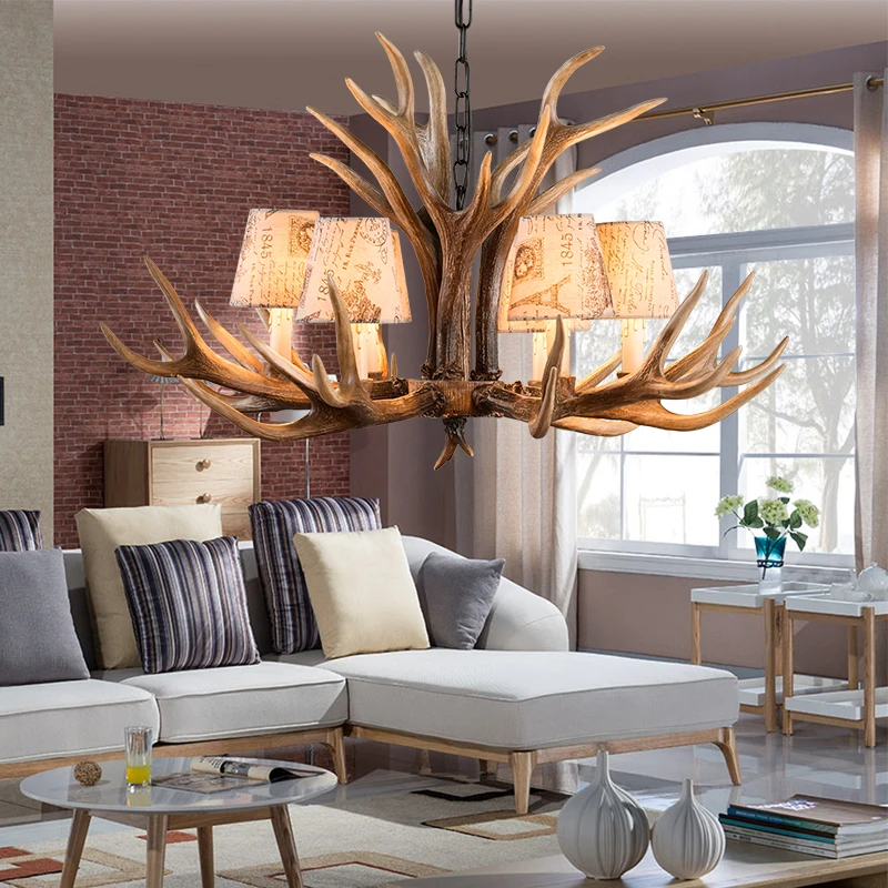 Europe E14 6 8 10 Heads American Deer Horn Antler Pendant Lamp Resin Antler Lampshade Parlor Hall Decor Suspension Luminaire B3