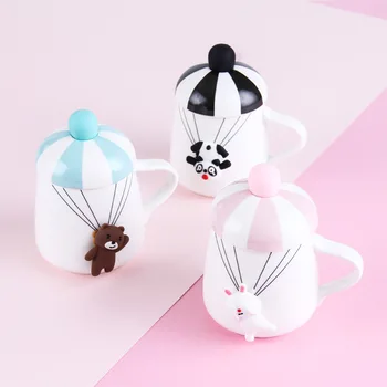 

Funny 3D Animal Parachute Model Ceramics Tea Milk Coffee Mug With Cover Lid Spoon Muumi Lovely Cartoon Panda Rabbit Bear Caneca
