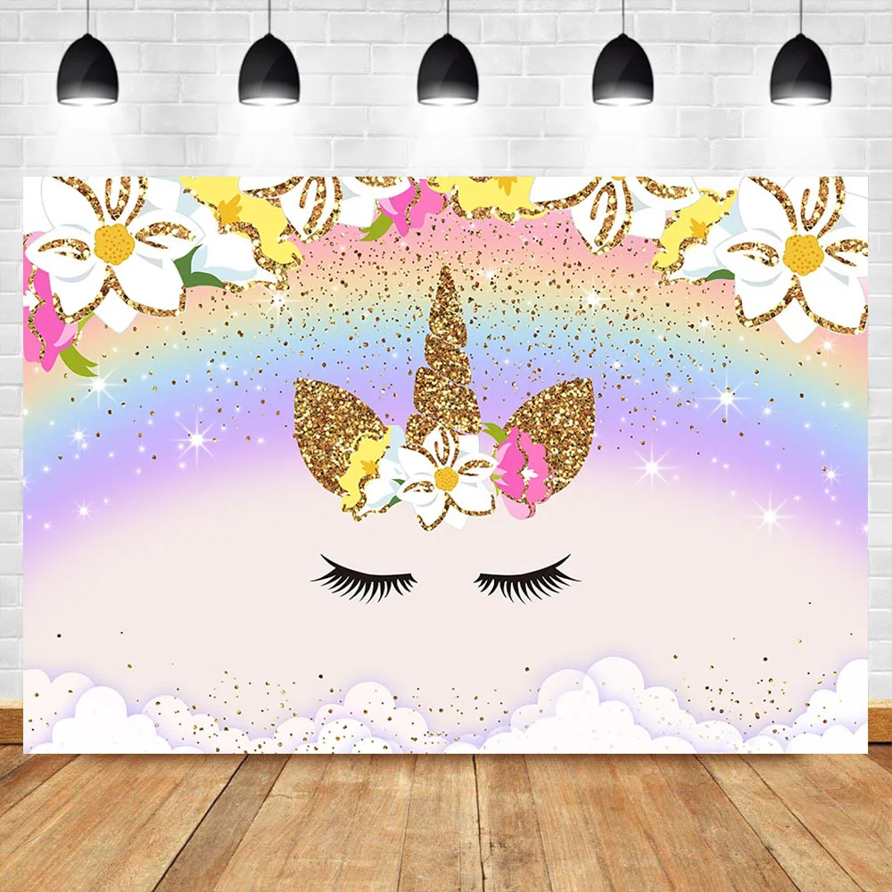 

NeoBack Unicorn Birthday Backdrop Gold Glitter Rainbow Unicorn Birthday Party Cake Banner Dessert Table Decorations Props