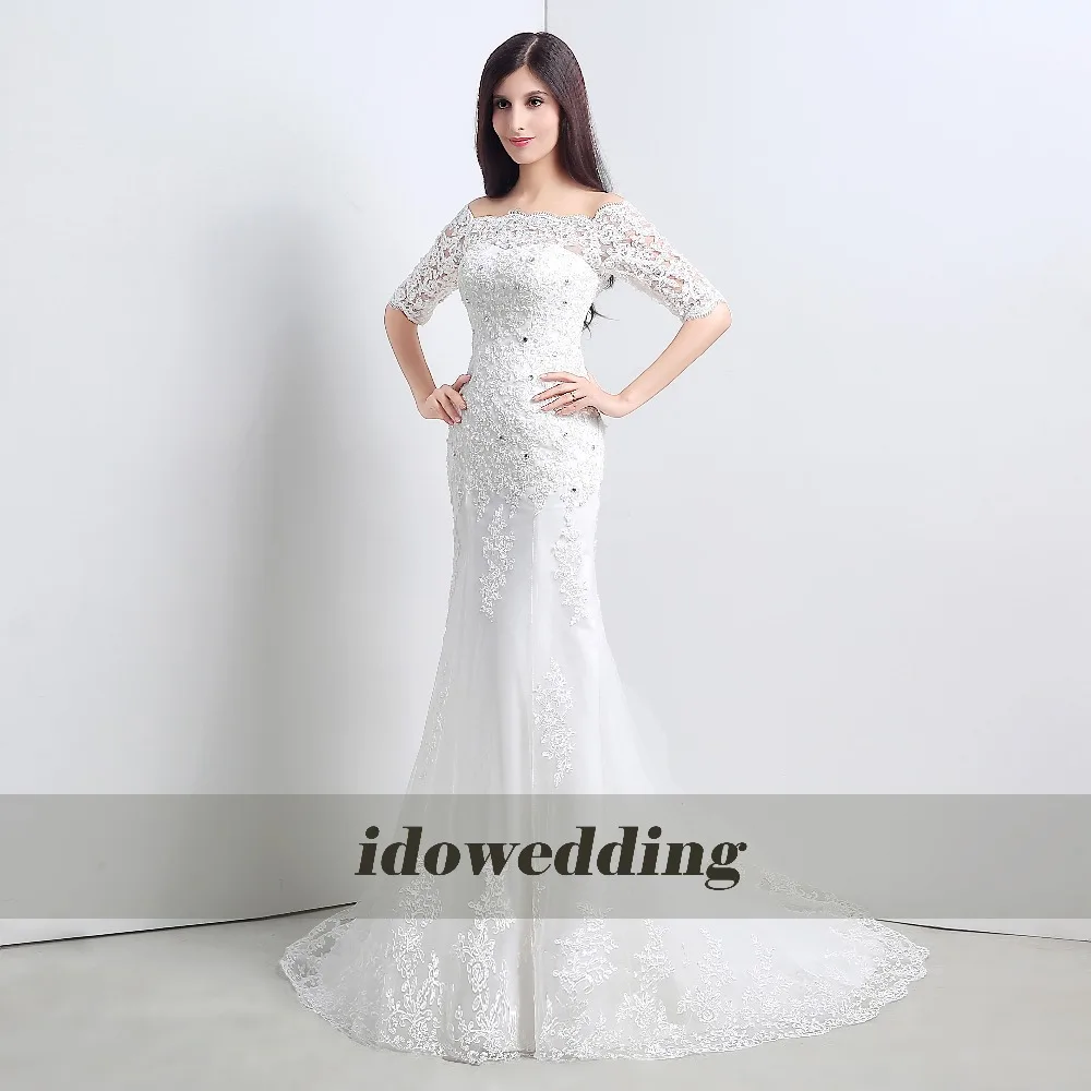 High Quality Sales Promotion Half Sleeves Tulle Lace-up Crystal Lace Mermaid Bridal Wedding Dresses Bride Gowns | Свадьбы и