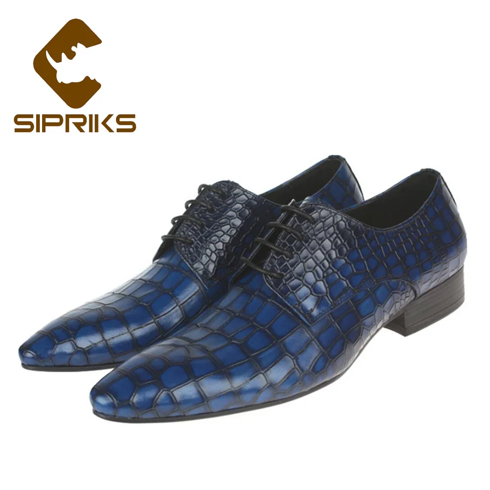 Роскошная обувь для мужчин sipriks, Брендовые мужские синие смокинговые туфли из натуральной кожи, туфли дерби для мужчин, острый носок, Крокодиловая Кожа, стильные классические туфли, Новинка