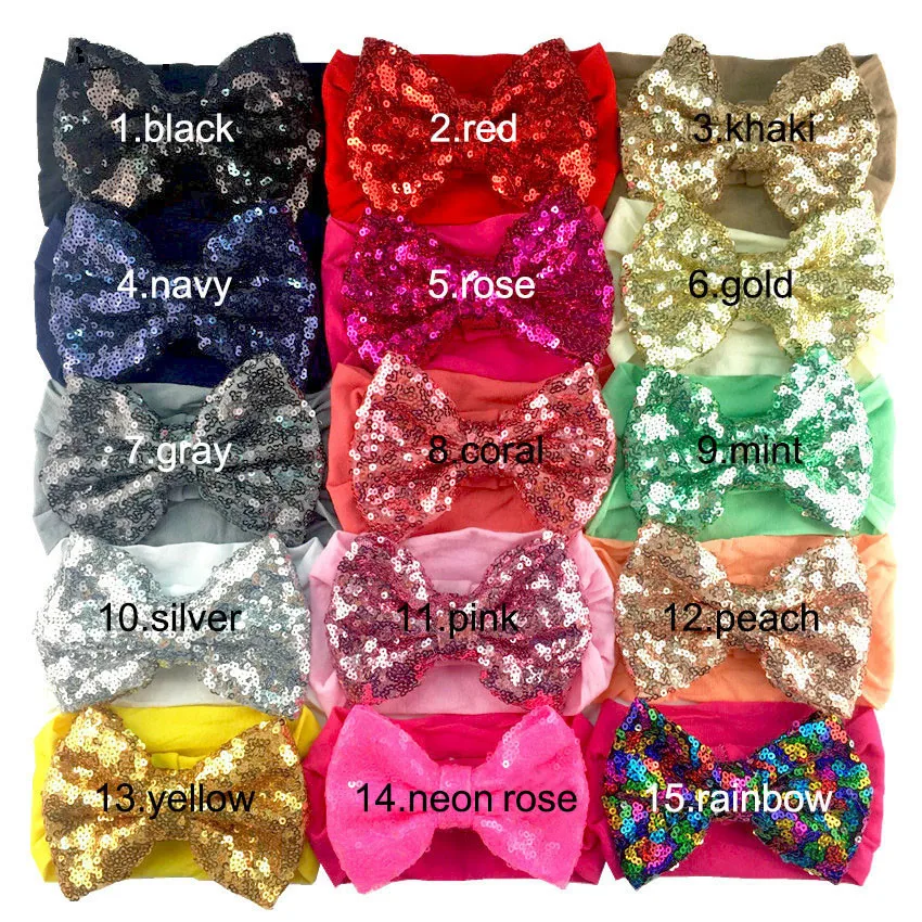 

10pcs/lot, 11.5cm Sequin Bow Headband For Girls Solid Elastic Hair Band Large Gold Glitter Hair Bow Hair Accessories