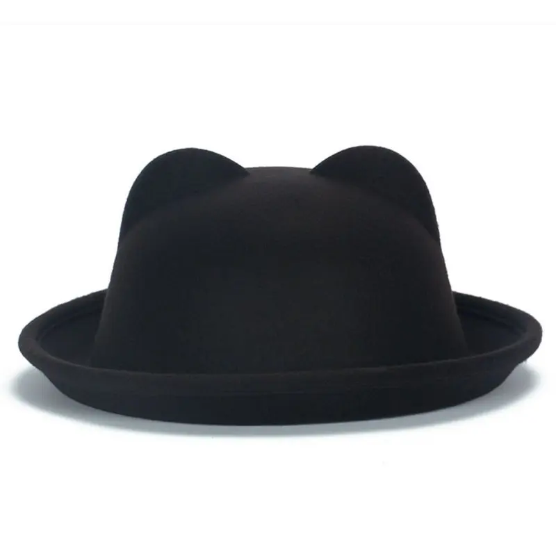 Пляжная шапка с ушками, уличная мода, женские шерстяные шапки с рогом для родителей и ребенка, фетровая шляпа, Дерби, кошка - Цвет: Черный