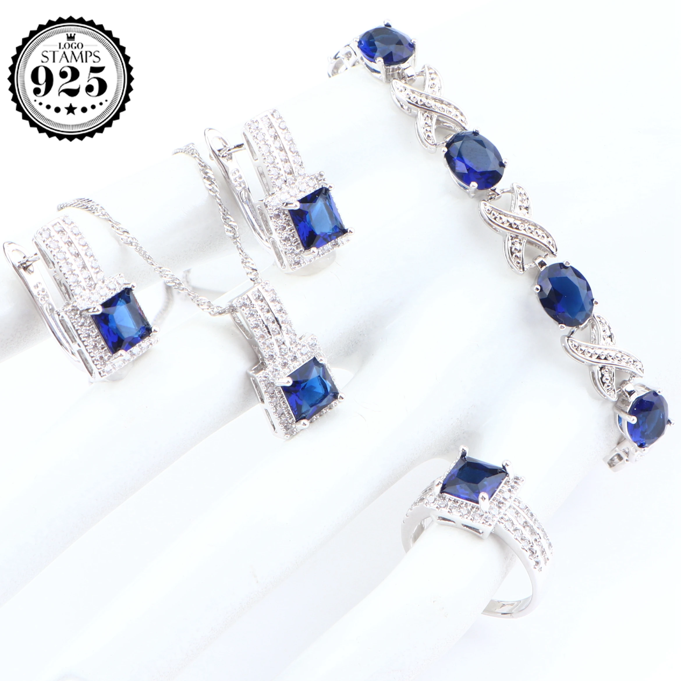 

Blue Zircon 925 Sterling Silver Jewelry Sets For Women Costume Jewelry Earrings Bracelet Ring Necklace Pendant Set Gifts Box