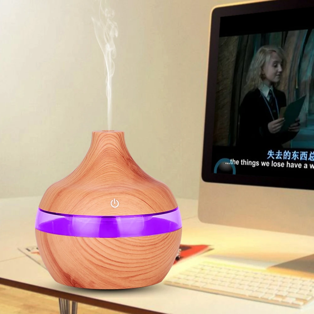 

300ML Wood Grain Air Humidifier USB Aroma Diffuser Essential Oil Humidifier Electric Air Freshener with 7 Color Light for Home