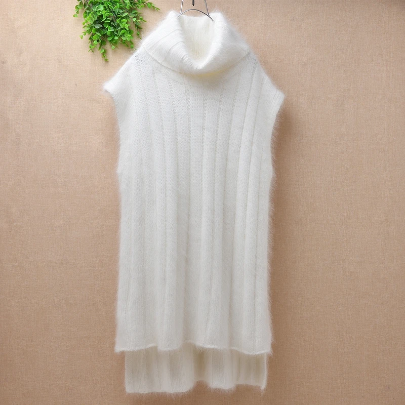 

Ladies women autumn winter white slim angora rabbit fur striped sleeveless turtleneck mink cashmere pullover sweater vest coat
