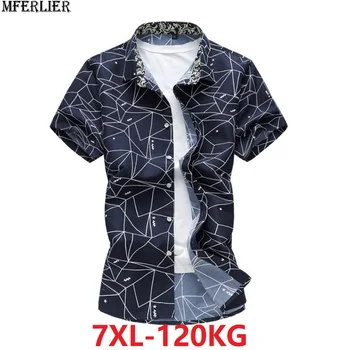 

summer men short sleeve shirts plaid geometric casual home shirts for mens plus size big 5XL 6XL 7XL navy blue white shirt print