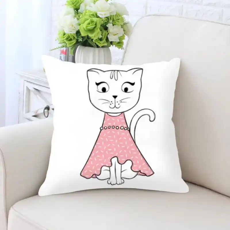 Cute Kawaii Funny Cat Pillow Pink Cats Meow Girl Anime Plush Printed Fabric Decorative Cushions For Home Kids Bedroom Decor